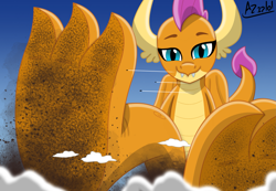 Size: 2803x1939 | Tagged: safe, artist:az12lol, imported from derpibooru, smolder, dragon, barefoot, barefooting, big feet, claws, crush fetish, crushed, crushing, dirt, dirty, dirty feet, dragoness, feet, female, fetish, foot fetish, foot focus, foot on face, giant dragon, looking at you, macro, mega giant, size comparison, size difference, soles, solo, toes