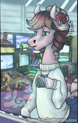Size: 682x1070 | Tagged: safe, artist:reamina, imported from derpibooru, oc, earth pony, pony, arcade, clothes, female, mare, plushie, solo, sweater