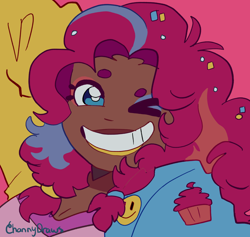 Size: 1716x1624 | Tagged: safe, artist:channydraws, imported from derpibooru, pinkie pie, human, arm behind head, breasts, bust, cleavage, grin, humanized, looking at you, moderate dark skin, one eye closed, pink background, simple background, smiling, smiling at you, solo, wink, winking at you