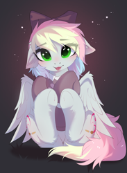 Size: 3019x4120 | Tagged: safe, artist:empress-twilight, imported from derpibooru, oc, oc only, oc:blazey sketch, pegasus, :p, bow, clothes, green eyes, grey fur, hair bow, looking at you, muticolored mane, solo, sweater, tongue out