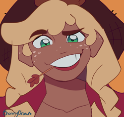Size: 1716x1624 | Tagged: safe, artist:channydraws, imported from derpibooru, applejack, human, bust, close-up, eyebrows, female, freckles, grin, humanized, looking at you, orange background, raised eyebrow, signature, simple background, smiling, smiling at you, solo, straw in mouth, tan skin