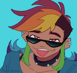 Size: 1716x1624 | Tagged: safe, artist:channydraws, imported from derpibooru, rainbow dash, human, blue background, bust, choker, ear piercing, earring, female, humanized, jewelry, looking at you, piercing, simple background, solo, spiked choker, sunglasses, tan skin, tongue out, tongue piercing