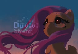 Size: 2048x1431 | Tagged: safe, artist:duvivi, imported from derpibooru, fluttershy, pegasus, pony, dusk, female, looking up, mare, smiling, solo, windswept mane