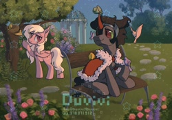 Size: 2048x1431 | Tagged: safe, artist:duvivi, imported from derpibooru, king sombra, oc, oc:coloured glaze rose, bat pony, bird, butterfly, pony, unicorn, bat pony oc, bat wings, bench, bird nest, butterfly on nose, cape, clothes, cute, duo, female, flower, garden, gazebo, horn, insect on nose, looking at each other, looking at someone, male, mare, nest, raised hoof, sitting, smiling, sombradorable, stallion, tree, wavy mouth, wings