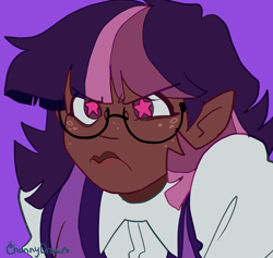 Size: 1716x1624 | Tagged: safe, artist:channydraws, imported from derpibooru, twilight sparkle, human, bust, dark skin, elf ears, female, freckles, frown, glasses, grumpy, humanized, purple background, simple background, solo, starry eyes, wingding eyes