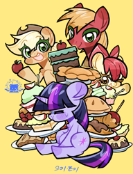 Size: 1000x1300 | Tagged: safe, alternate version, artist:hedgehog29271, imported from derpibooru, apple bloom, applejack, big macintosh, twilight sparkle, earth pony, pony, friendship is magic, apple, apple family member, apple siblings, apple sisters, blushing, brother and sister, cake, candy apple (food), eyes closed, female, filly, foal, food, male, mare, one eye closed, open mouth, pastries, pie, plate, puffy cheeks, siblings, simple background, sisters, smiling, stallion, sweat, sweatdrop, wink, yellow background