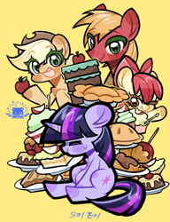 Size: 1000x1300 | Tagged: safe, artist:hedgehog29271, imported from derpibooru, apple bloom, applejack, big macintosh, twilight sparkle, earth pony, pony, unicorn, friendship is magic, apple, apple family member, apple siblings, apple sisters, black outlines, blushing, brother and sister, cake, candy apple (food), eyes closed, female, filly, foal, food, horn, male, mare, one eye closed, open mouth, pastries, pie, plate, puffy cheeks, siblings, simple background, sisters, smiling, stallion, sweat, sweatdrop, wink, yellow background
