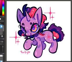 Size: 955x828 | Tagged: safe, artist:yuch42023, imported from derpibooru, twilight sparkle, pony, unicorn, alternate eye color, alternate hairstyle, big ears, big eyes, chibi, colored eyebrows, colored pinnae, colored pupils, female, horn, mare, medibang paint, multicolored eyes, multicolored mane, multicolored tail, obtrusive watermark, pink text, raised eyebrows, raised hoof, shiny coat, short mane, short mane twilight sparkle, smiling, solo, sparkles, sparkly mane, sparkly tail, standing, tail, text, toy interpretation, unicorn horn, unicorn twilight, watermark