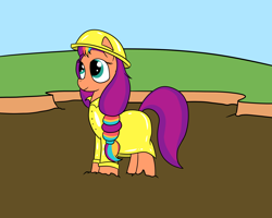 Size: 2000x1600 | Tagged: safe, artist:amateur-draw, imported from derpibooru, sunny starscout, earth pony, female, g5, hat, mare, pvc, raincoat, simple background, solo, solo female, standing, wet and messy