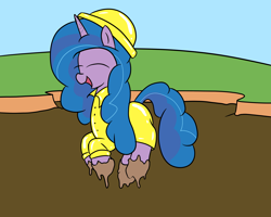 Size: 2000x1600 | Tagged: safe, artist:amateur-draw, imported from derpibooru, izzy moonbow, unicorn, female, g5, hat, horn, jumping, mare, mud, playful, playing, pvc, raincoat, solo, solo female, wet and messy