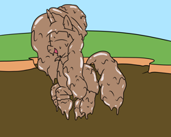Size: 2000x1600 | Tagged: safe, artist:amateur-draw, imported from derpibooru, izzy moonbow, unicorn, covered in mud, female, g5, hat, horn, jumping, mare, mud, mud bath, muddy, playful, playing, pvc, raincoat, solo, solo female, wet and messy