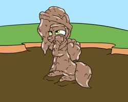 Size: 2000x1600 | Tagged: safe, artist:amateur-draw, imported from derpibooru, pipp petals, pegasus, covered in mud, female, g5, hat, mare, mud, mud bath, muddy, muddy pipp, pvc, raincoat, simple background, solo, solo female, wet and messy, wings