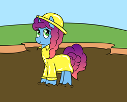 Size: 2000x1600 | Tagged: safe, artist:amateur-draw, imported from derpibooru, unicorn, covered in mud, female, g5, hat, horn, mare, misty brightdawn, mud, pvc, raincoat, solo, solo female, wet and messy