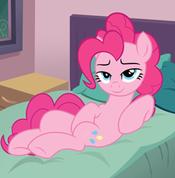 Size: 2374x2410 | Tagged: safe, artist:shieldwingarmorofgod, imported from derpibooru, pinkie pie, earth pony, bed, bedroom, bedroom eyes, female, sexy, smiling, solo, stupid sexy pinkie