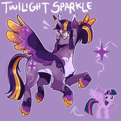 Size: 2048x2048 | Tagged: safe, artist:spoopdeedoop, imported from derpibooru, part of a set, twilight sparkle, alicorn, pony, alternate color palette, alternate cutie mark, alternate design, alternate eye color, alternate hairstyle, alternate tailstyle, blushing, chest fluff, cloven hooves, coat markings, colored belly, colored eartips, colored fetlocks, colored hooves, colored horn, colored muzzle, colored pinnae, colored wings, colored wingtips, concave belly, ear fluff, eyelashes, facial markings, female, flying, freckles, frown, glasses, gold hooves, hair accessory, high res, hooves, horn, horn cap, horn jewelry, jewelry, leg fluff, leonine tail, long mane, long tail, looking away, mare, multicolored mane, multicolored tail, multicolored wings, outline, pale belly, ponytail, purple background, purple coat, raised hoof, redesign, round glasses, shiny hooves, shiny mane, shiny tail, signature, simple background, socks (coat markings), solo, spread wings, star (coat marking), starry wings, tail, tall ears, text, tied mane, turned head, twilight sparkle (alicorn), two toned eyes, unicorn horn, unshorn fetlocks, wall of tags, wing fluff, wings