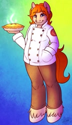 Size: 737x1280 | Tagged: safe, artist:sheela, imported from twibooru, oc, oc only, oc:butternut, anthro, earth pony, chef outfit, clothes, eyebrows visible through hair, food, freckles, gradient background, hand in pocket, image, male, needs more jpeg, pants, pie, smiling at you, solo, tail, unshorn fetlocks