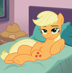 Size: 2374x2410 | Tagged: safe, artist:shieldwingarmorofgod, imported from derpibooru, applejack, earth pony, applejack's hat, bed, bedroom, bedroom eyes, cowboy hat, draw me like one of your french girls, female, hat, sexy, smiling, solo, stupid sexy applejack