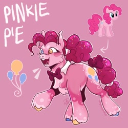 Size: 2048x2048 | Tagged: safe, artist:spoopdeedoop, imported from derpibooru, part of a set, pinkie pie, earth pony, pony, alternate accessories, alternate color palette, alternate design, alternate hairstyle, alternate tailstyle, beanbrows, blushing, bow, bucktooth, cheek fluff, chest fluff, coat markings, colored belly, colored eartips, colored eyebrows, colored fetlocks, colored hooves, colored muzzle, colored pinnae, curly mane, curly tail, cutie mark eyes, ear fluff, emanata, eyebrows, eyelashes, female, heart tongue, heterochromia, high res, hooves, mare, multicolored hooves, neck bow, open mouth, open smile, outline, pale belly, pink background, pink coat, ponytail, raised hoof, raised leg, redesign, shiny hooves, signature, simple background, smiling, socks (coat markings), solo, standing, tail, tail bow, tall ears, teeth, text, tied mane, tied tail, tongue out, unshorn fetlocks, wall of tags, wingding eyes