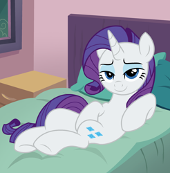 Size: 2374x2410 | Tagged: safe, artist:shieldwingarmorofgod, imported from derpibooru, rarity, unicorn, bed, bedroom eyes, draw me like one of your french girls, eyeshadow, female, horn, makeup, sexy, smiling, solo, stupid sexy rarity