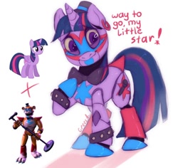 Size: 400x378 | Tagged: safe, artist:crees-a, imported from derpibooru, twilight sparkle, alicorn, pony, robot, robot pony, unicorn, animatronic, bow, bowtie, crossover, ear piercing, female, five nights at freddy's, five nights at freddy's: security breach, freddy fazbear, fusion, glam rock, glamrock freddy, hat, horn, looking at you, male, mare, microphone, piercing, ponified, pose, purple coat, purple mane, roboticization, rockstar, signature, smiling, speech bubble, stallion, tail, tail bow, title card, twilight sparkle (alicorn), two toned mane, two toned tail, unshorn fetlocks, vector, video game crossover