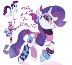 Size: 2048x1852 | Tagged: safe, artist:crees-a, imported from derpibooru, rarity, pony, robot, robot pony, unicorn, animatronic, bow, chica, crossover, ear piercing, electric guitar, five nights at freddy's, five nights at freddy's: security breach, fusion, glam rock, glamrock chica, guitar, hair bow, horn, looking at you, musical instrument, piercing, ponified, pose, purple mane, roboticization, rockstar, signature, smiling, speech bubble, tail, tail bow, title card, two toned mane, unshorn fetlocks, vector, video game crossover, white coat