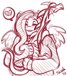 Size: 1124x1280 | Tagged: safe, artist:sheela, imported from twibooru, basil, fluttershy, anthro, dragon, pegasus, clothes, cute, eyes closed, grin, heart, hug, image, monochrome, needs more jpeg, simple background, sketch, smiling, sweater, sweatershy, unamused, white background