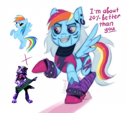 Size: 2048x1833 | Tagged: safe, artist:crees-a, imported from derpibooru, rainbow dash, pony, robot, robot pony, animatronic, blue coat, bow, choker, crossover, ear piercing, electric guitar, five nights at freddy's, five nights at freddy's: security breach, fluffy, fusion, glam rock, guitar, looking at you, multicolored hair, multicolored tail, musical instrument, piercing, ponified, pose, roboticization, rockstar, roxanne wolf, signature, simple background, smiling, solo, speech bubble, tail, tail bow, title card, unshorn fetlocks, vector, video game crossover, white background