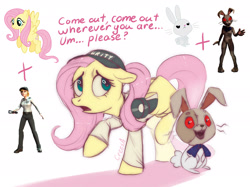 Size: 2048x1535 | Tagged: safe, artist:crees-a, imported from derpibooru, fluttershy, human, pegasus, pony, robot, robot pony, animal costume, animatronic, bow, bunny costume, clothes, costume, creepy, crossover, cyan eyes, five nights at freddy's, five nights at freddy's: security breach, flashlight (object), fusion, hat, looking at you, pink mane, ponified, red eyes, roboticization, rockstar, scared, signature, simple background, smiling, spread wings, stars, sunrise, tail, tail bow, unshorn fetlocks, vanny, vector, video game crossover, white background, wings, wings down, yellow coat