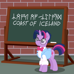Size: 1600x1600 | Tagged: safe, artist:cloudy glow, imported from derpibooru, twilight sparkle, unicorn, atlantis: the lost empire, bowtie, brick wall, chalk, chalkboard, clothes, disney, dusk shine, glasses, horn, iceland, male, milo thatch, rule 63, shirt, solo, suit