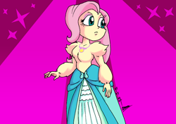 Size: 1646x1158 | Tagged: safe, artist:tmntsam, imported from derpibooru, fluttershy, human, equestria girls, alternate universe, chest fluff, clothes, dress, female, fur, furry human, magenta background, nudity, partial nudity, solo, topless