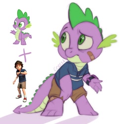 Size: 1983x2000 | Tagged: safe, artist:crees-a, imported from derpibooru, spike, dragon, human, bandage, child, clothes, crossover, five nights at freddy's, five nights at freddy's: security breach, fusion, pants, pose, purple skin, shirt, signature, simple background, solo, vector, video game crossover, watch, white background, worried