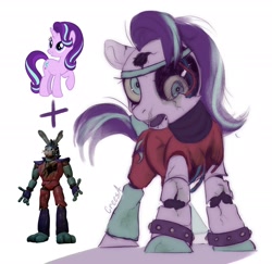 Size: 2048x1993 | Tagged: safe, artist:crees-a, imported from derpibooru, starlight glimmer, pony, robot, robot pony, unicorn, animatronic, bonnie (fnaf), broken, creepy, crossover, female, five nights at freddy's, five nights at freddy's: security breach, fusion, glam rock, horn, looking at you, male, mare, messy mane, messy tail, missing horn, open mouth, purple coat, roboticization, ruined, signature, simple background, smiling, solo, standing, tail, two toned mane, two toned tail, vector, white background, withered
