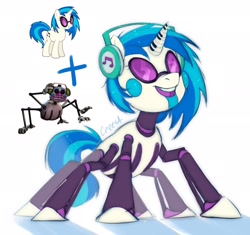 Size: 2048x1929 | Tagged: safe, artist:crees-a, imported from derpibooru, dj pon-3, vinyl scratch, monster pony, original species, pony, robot, robot pony, spider, spiderpony, unicorn, animatronic, crossover, eight legs, female, five nights at freddy's, five nights at freddy's: security breach, fusion, giant pony, glasses, headphones, horn, looking up, macro, male, mare, music man, music notes, musical instrument, piano, pose, roboticization, signature, simple background, smiling, solo, tail, two toned mane, two toned tail, vector, white background, white coat