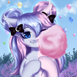 Size: 2000x2000 | Tagged: safe, artist:alunedoodle, imported from derpibooru, oc, oc only, oc:candi, bat pony, pony, balloon, bust, cotton candy, cute, eating, female, one eye closed, portrait, solo, two toned mane, wink