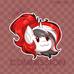 Size: 433x433 | Tagged: safe, artist:sparkie45, imported from derpibooru, oc, oc only, oc:red rocket, pony, unicorn, checkered background, chibi, commission, headshot commission, horn, solo, ych example, ych result, your character here
