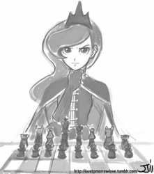 Size: 882x1000 | Tagged: safe, alternate version, artist:johnjoseco, imported from derpibooru, princess luna, human, cape, chess, clothes, female, grayscale, humanized, looking at you, military uniform, monochrome, photoshop, simple background, solo, thinking, uniform, warrior luna, white background