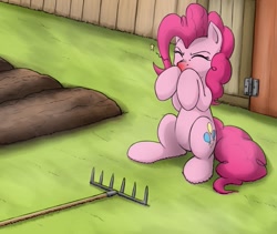Size: 637x538 | Tagged: safe, artist:otakuap, imported from derpibooru, pinkie pie, earth pony, pony, bruised, cute, eyes closed, female, mare, rake, solo