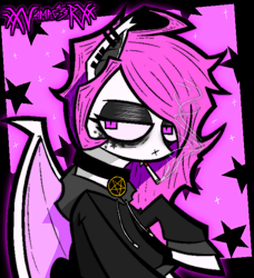 Size: 1216x1332 | Tagged: safe, artist:xxv4mp_g4z3rxx, imported from derpibooru, oc, oc only, bat pony, pony, bat pony oc, bat wings, choker, cigarette, clothes, coat markings, ear piercing, eyeliner, eyeshadow, fangs, hoodie, makeup, pentagram, piercing, pink background, pink eyes, pink mane, signature, simple background, slit pupils, smoking, solo, spread wings, stars, white coat, wings