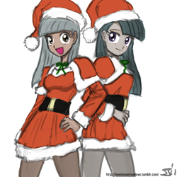 Size: 1280x1280 | Tagged: safe, artist:johnjoseco, imported from derpibooru, limestone pie, marble pie, human, christmas, clothes, duo, female, hat, holiday, humanized, pantyhose, pie sisters, santa claus, santa hat, siblings, simple background, sisters, white background
