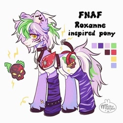 Size: 564x564 | Tagged: safe, artist:mickumacku, imported from derpibooru, pony, better source needed, clothes, color palette, cutie mark, ear fluff, ear piercing, electricity, five nights at freddy's, five nights at freddy's: security breach, glam rock, lightning, looking at you, piercing, ponified, rockstar, roxanne wolf, signature, simple background, skull, socks, solo, striped socks, stripes, tail, title card, two toned mane, two toned tail, unshorn fetlocks, white background, yellow eyes
