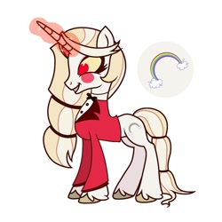 Size: 564x564 | Tagged: artist needed, safe, imported from derpibooru, pony, unicorn, charlie morningstar, clothes, cutie mark, eyelashes, g4 style, glowing, glowing horn, hairband, hazbin hotel, horn, orange sclera, outfit, ponified, rainbow, red eyes, simple background, slender, solo, suit, thin, unshorn fetlocks, white background, white coat, white mane