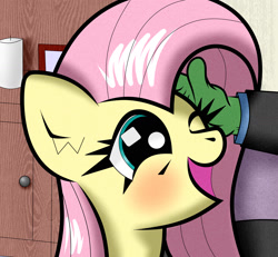 Size: 1977x1824 | Tagged: safe, artist:scandianon, imported from derpibooru, fluttershy, oc, oc:anon, pegasus, pony, blushing, female, happy, indoors, mare, one eye closed, open mouth, open smile, petting, smiling