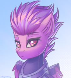 Size: 2000x2200 | Tagged: safe, artist:adagiostring, imported from derpibooru, oc, oc only, oc:ambrosia flitfeather, pegasus, pony, fallout equestria, abstract background, armor, bust, commission, enclave, enclave armor, fanfic art, female, female oc, gradient background, headshot commission, looking at you, pegasus oc, portrait, solo, wings