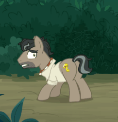Size: 438x450 | Tagged: safe, imported from derpibooru, screencap, doctor caballeron, earth pony, pony, daring doubt, animated, bush, butt, clothes, cropped, hiding, leaping, male, nope, plot, shirt, solo, stallion