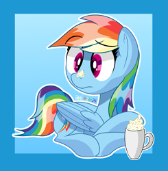 Size: 1897x1933 | Tagged: safe, artist:notadeliciouspotato, imported from derpibooru, rainbow dash, pegasus, pony, abstract background, chocolate, cup, female, folded wings, food, hot chocolate, lying down, mare, prone, solo, whipped cream, wings