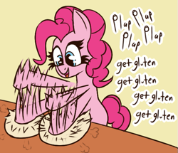 Size: 521x449 | Tagged: safe, artist:xppp1n, imported from derpibooru, pinkie pie, earth pony, pony, dough, female, gluten, mare, meme, plap plap get pregnant, simple background, solo
