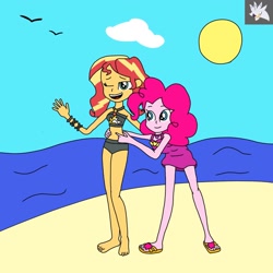 Size: 1500x1500 | Tagged: safe, artist:flippy1010, imported from derpibooru, pinkie pie, sunset shimmer, bird, human, seagull, equestria girls, beach, clothes, female, sand, sun, sunset shimmer's beach shorts swimsuit, swimsuit, tickling