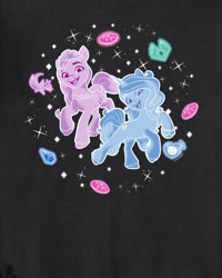 Size: 800x1000 | Tagged: safe, imported from derpibooru, izzy moonbow, sunny starscout, alicorn, pony, unicorn, black background, clothes, crystal, cutie mark, earth pony crystal, female, g5, horn, jacket, long sleeved shirt, long sleeves, mare, merchandise, my little pony: make your mark, official, pegasus crystal, pose, race, shirt, simple background, sparkles