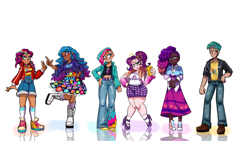 Size: 1280x720 | Tagged: safe, artist:jully-park, imported from derpibooru, hitch trailblazer, izzy moonbow, pipp petals, sunny starscout, zipp storm, human, african american, applejack (g5), breasts, busty pipp petals, clothes, cutie mark, cutie mark on clothes, dark skin, diverse body types, diverse-mlp-headcanons, dress, equestria girls (g5), fit, fluttershy (g5), g5, gradient hair, green hair, high heels, humanized, jacket, korean, lesbian pride flag, light skin, looking at you, magenta eyes, magenta hair, mane five, mane six (g5), mane stripe sunny, midriff, misty brightdawn, moderate dark skin, multiple characters, one eye closed, one eye open, peace sign, pinkie pie (g5), pose, pride, pride flag, rainbow dash (g5), rarity (g5), reflection, shading, shirt, shoes, simple background, skirt, slender, smiling, smiling at you, smirk, socks, thin, twilight sparkle (g5), two toned hair, white background