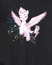 Size: 800x1000 | Tagged: safe, imported from derpibooru, zipp storm, pony, black background, clothes, cutie mark, female, g5, jacket, jewelry, long sleeved shirt, long sleeves, mare, merchandise, my little pony: make your mark, neon, official, pose, regalia, shirt, simple background, solo, sparkles, spread wings, vector, wings